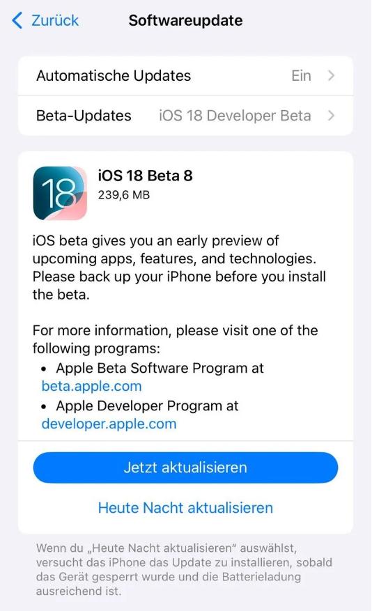 清镇苹果手机维修分享苹果 iOS / iPadOS 18 开发者预览版 Beta 8 发布 